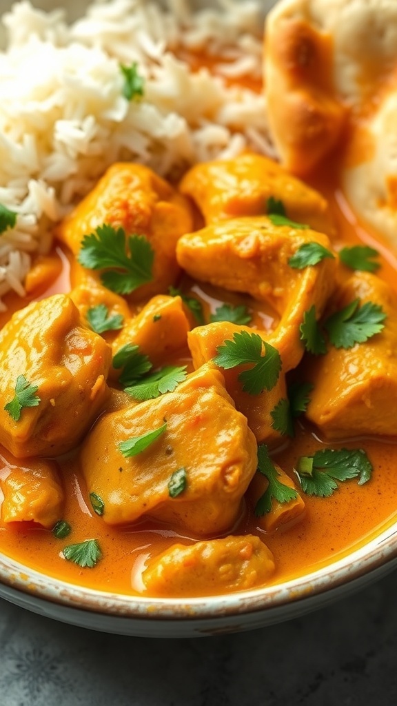 A bowl of chicken curry with coconut sauce, garnished with cilantro, served with rice and naan.